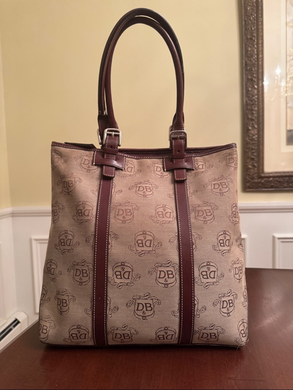 Dooney & Bourke Tan Canvas Tote with Brown Leather Trim